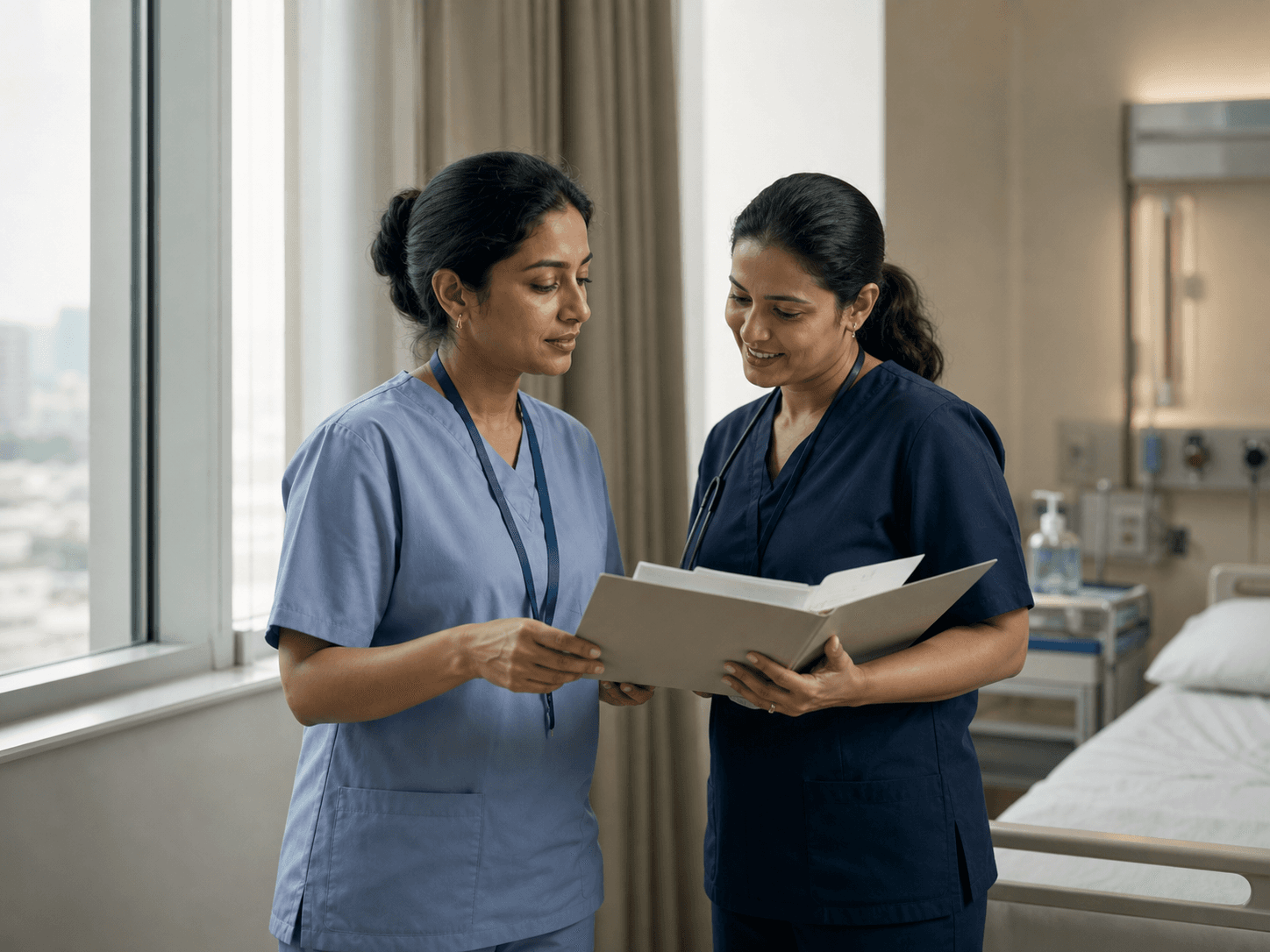 A nurse being welcomed and briefed by a colleague on a hospital ward