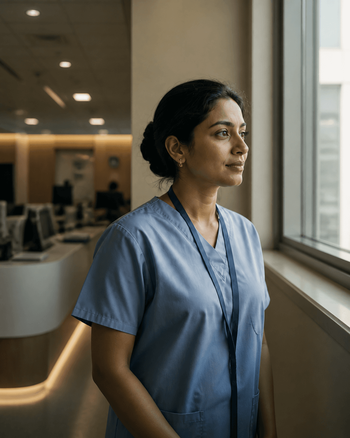 An international nurse standing calmly beside a hospital window